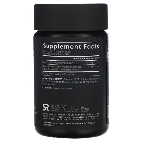Sports Research CoQ10 with BioPerine & Coconut Oil 100 mg Коензим Q10 з Біоперином 120 Softgels