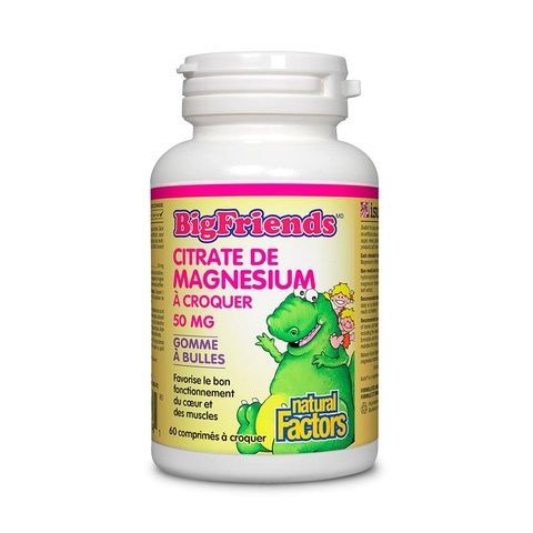 Natural Factors Big Friends Magnesium Citrate Bubble Gum Flavor 50 mg 60 Chewable Tablets